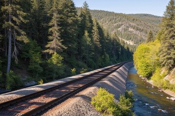 Fototapeta premium Scenic Nature Travel with Forest Trees and Rivers by Railroad Tracks