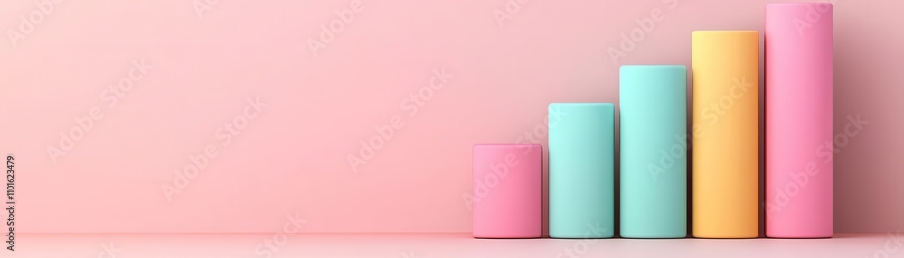 Poster a collection of colorful cylindrical shapes arranged in ascending order against a soft pink backgrou