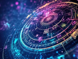 Colorful cosmic natal chart with zodiac signs, planetary positions, and celestial symbols for astrology