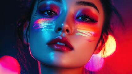Fototapeta premium An Asian woman with artistic makeup, featuring a bold, colorful design around her eyes, her face illuminated by bright studio lights, capturing her creative and expressive look