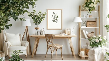 A bright and airy home office features a wooden desk, comfortable armchair, and lush greenery, creating a serene workspace.