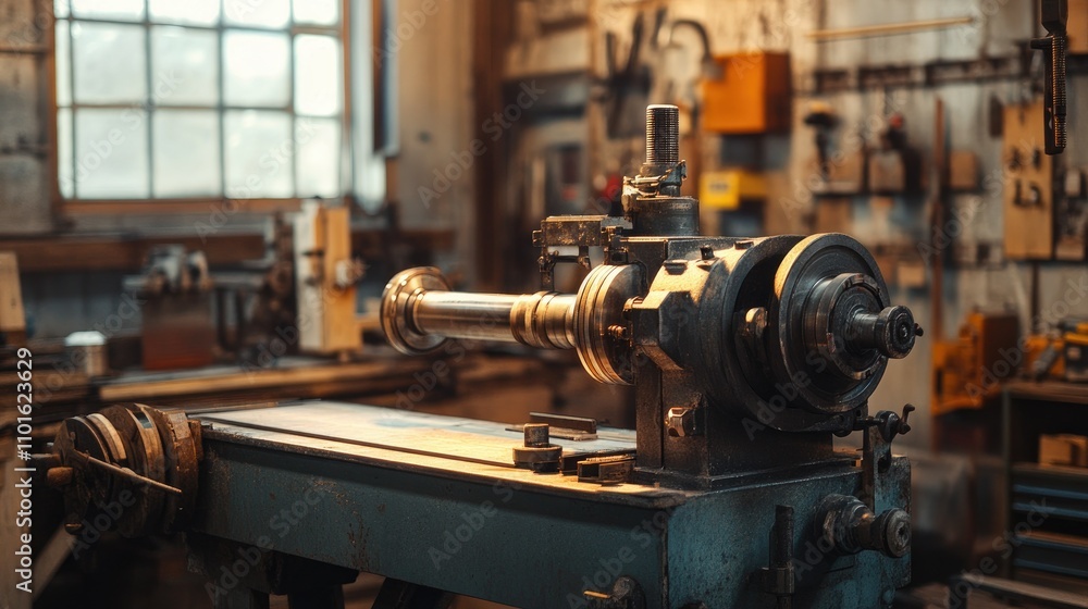 Poster a vintage lathe machine with worn surfaces and warm lighting, set against an aged workshop backgroun