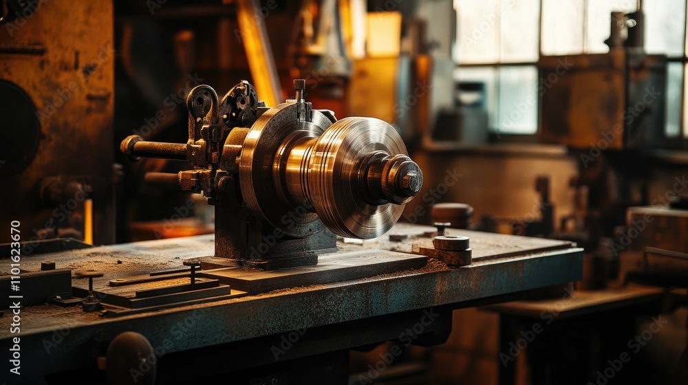 Poster A vintage lathe machine with worn surfaces and warm lighting, set against an aged workshop background with rustic textures.