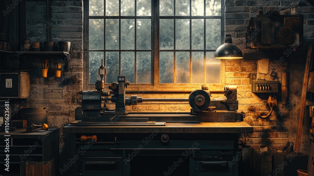 Poster A vintage lathe machine with worn surfaces and warm lighting, set against an aged workshop background with rustic textures.