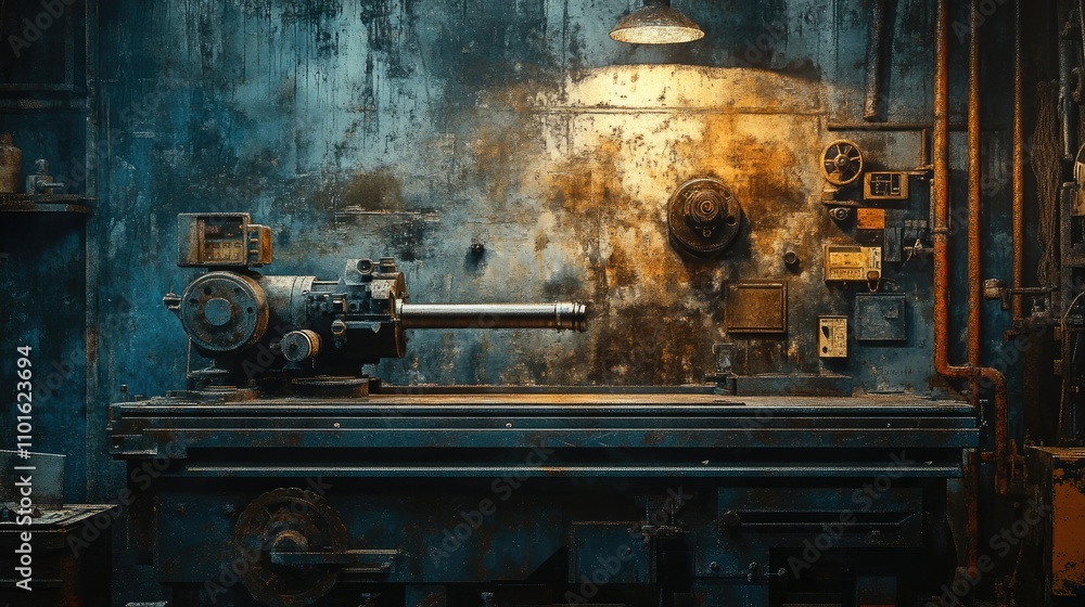 Poster A vintage lathe machine with worn surfaces and warm lighting, set against an aged workshop background with rustic textures.