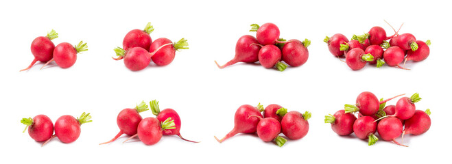 Fresh radish isolated on white background. Organic garden radish slices. clipping root crop. Vegetables. Vegan. Diet products. Healthy food.