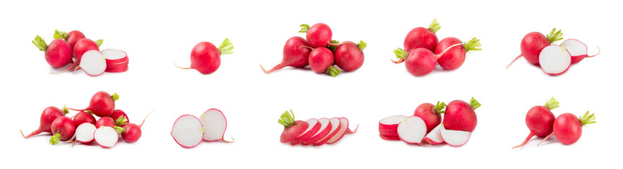Fresh radish isolated on white background. Organic garden radish slices. clipping root crop. Vegetables. Vegan. Diet products. Healthy food.