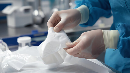 Fototapeta premium macro shot of hands carefully unwrapping sterile dressing in medical environment, showcasing precision and attention to hygiene
