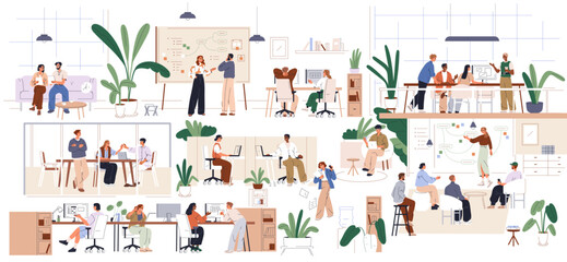 Business team in office interior, modern professional corporate environment, workspace. Colleagues, work time lifestyle. Workplace scenes. Flat vector illustration isolated on white background