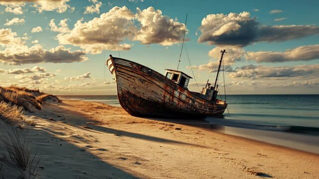 Old weathered wooden ship wreck on sandy beach at sunset.