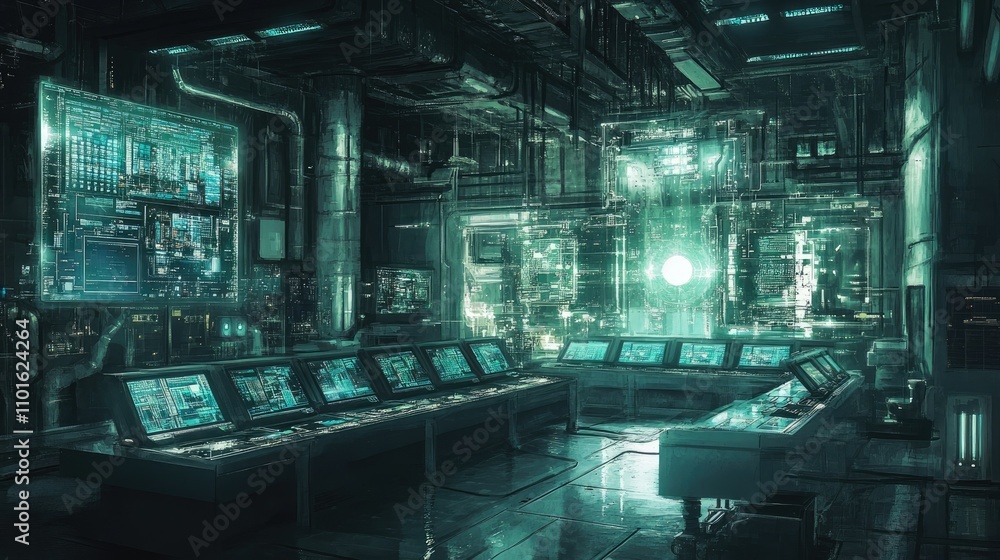 Poster a wide view of an industrial control room with high-tech machinery and intricate piping systems runn