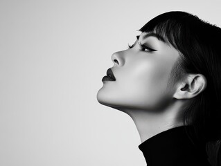 Fototapeta premium Profile of an Asian woman with a fierce expression, sleek white background, embodying power and grace