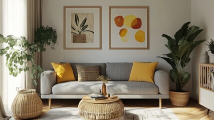 A stylish living room with a gray sofa, yellow throw pillows, and natural woven accents. Sunlight streams in, illuminating the space.