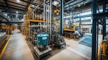 A wide view of an industrial control room with high-tech machinery and intricate piping systems running across the facility.