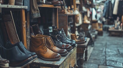 Vintage leather shoes displayed in a rustic marketplace