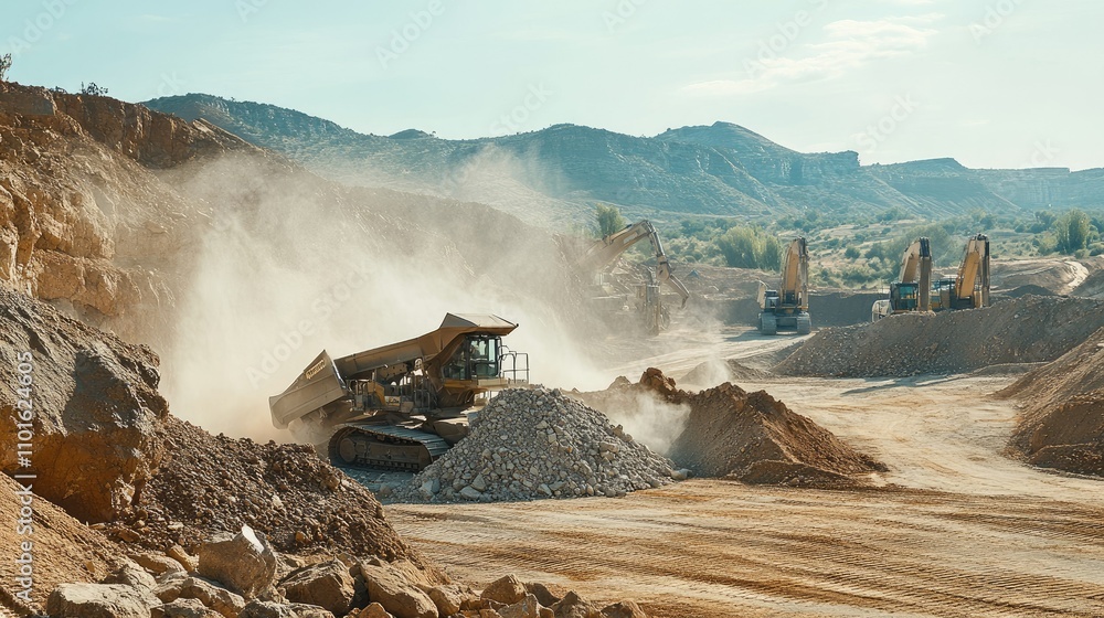 Poster action shot of a large crushing machine breaking boulders in a quarry, with rugged hills and heavy m
