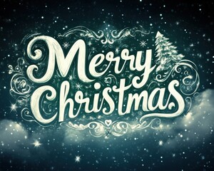 Snowy lettering spelling "Merry Christmas" set against a winter backdrop, celebrating the holiday