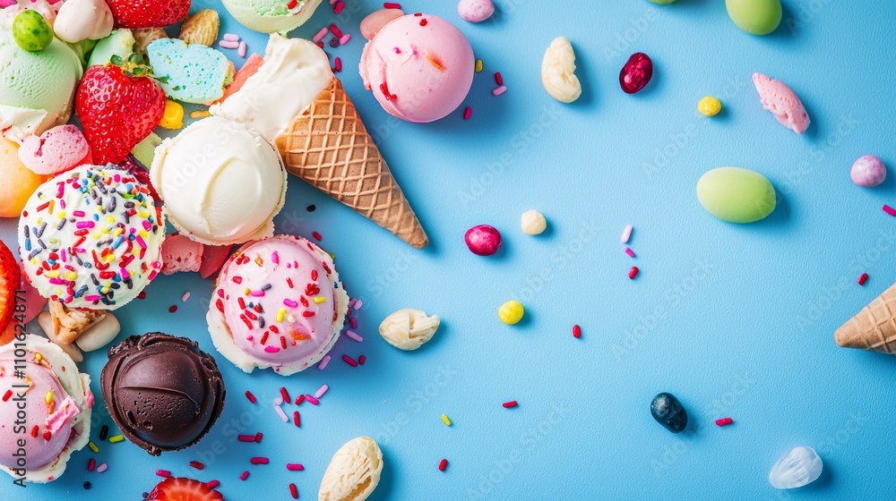 Poster assorted colorful ice cream scoops with toppings on a blue background
