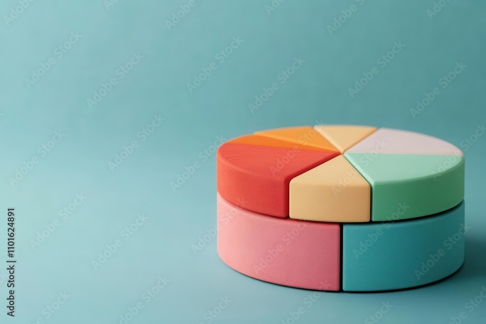 Poster a colorful, segmented circular object rests on a soft blue surface, showcasing various pastel shades
