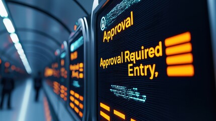 Digital display shows "Approval Required Entry" in a modern transit setting, highlighting access control in a high-tech environment.