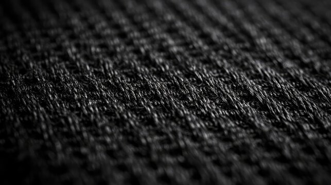 Close-up view of a textured black synthetic fabric highlighting intricate threads and weave patterns creating depth and dimension.