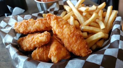 Golden crispy chicken strips alongside golden fries in a basket lined with checkered paper, creating an inviting meal presentation.