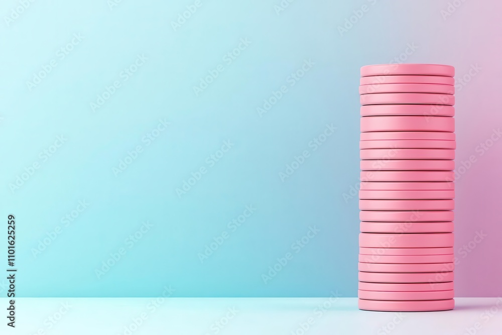 Poster a stack of pink circular items against a gradient background, featuring a smooth and minimalist aest