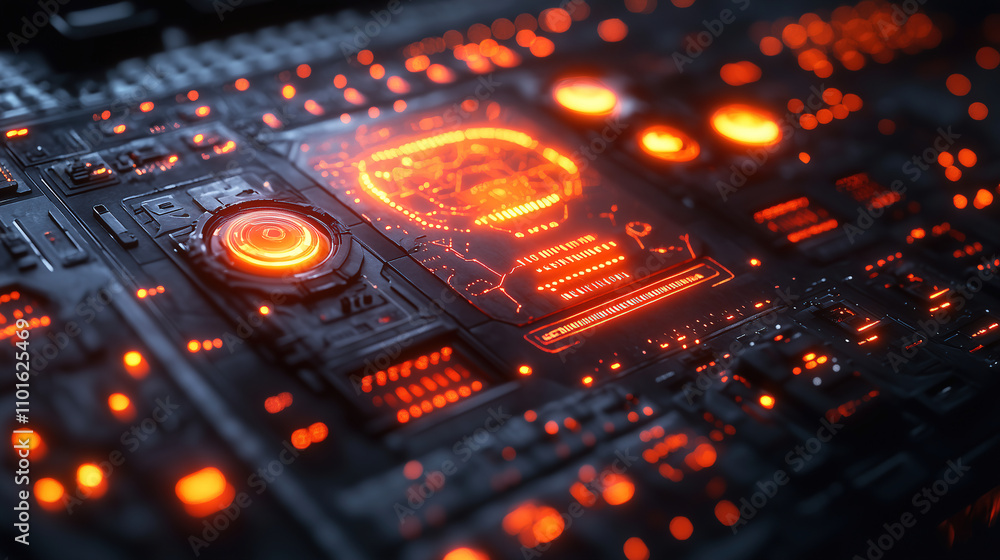 Aufkleber high-tech control panel with glowing orange lights and intricate circuits at night. generative ai