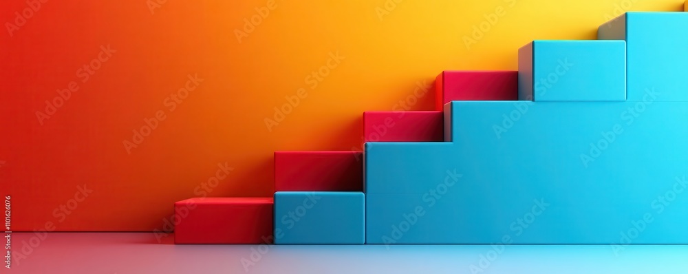 Poster a colorful abstract image of stairs in blue and red against a vibrant orange background, symbolizing