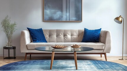 Beige sofa with blue velvet pillows sits in a modern living room, complemented by a glass coffee table and a blue rug.  A simple yet elegant arrangement.