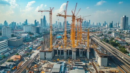 Naklejka premium A vast construction site with concrete bridge pillars and cranes for the high-speed railway project connecting Bangkok and Nakhon Ratchasima, symbolizing the future of transport infrastructure