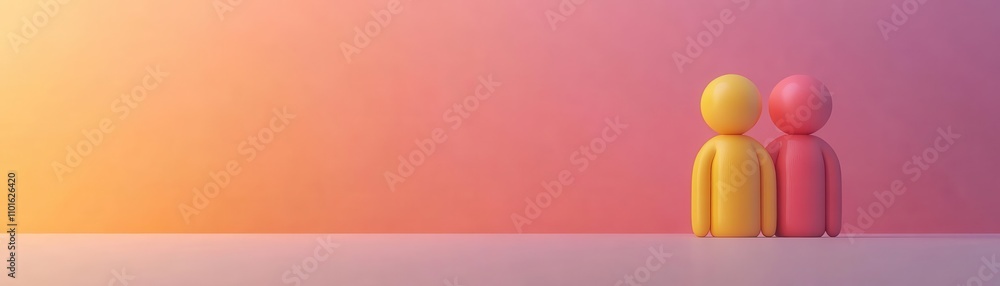 Poster two colorful figures stand together against a soft gradient background, symbolizing connection and c