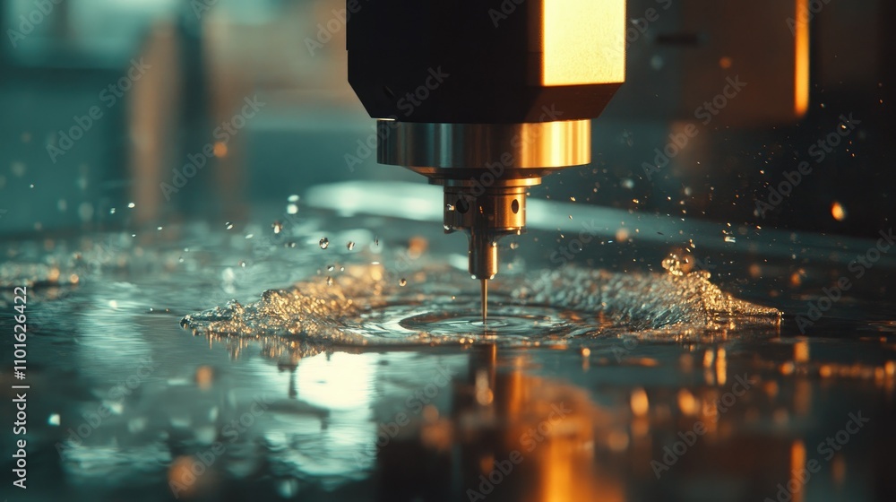 Poster an industrial workshop where a cnc machine uses water cooling to ensure precision during the metal c