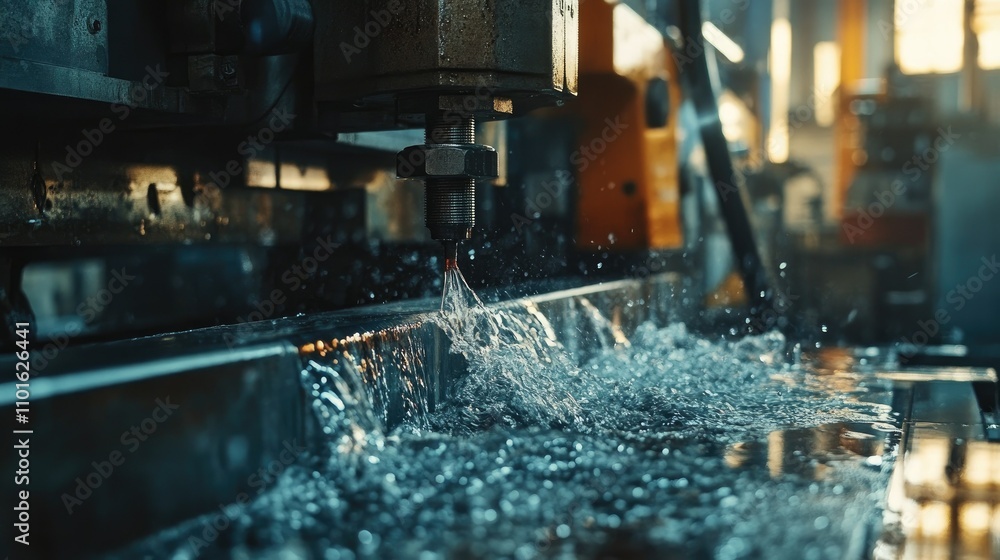 Poster An industrial workshop where a CNC machine uses water cooling to ensure precision during the metal cutting process, with clear focus on the tool.