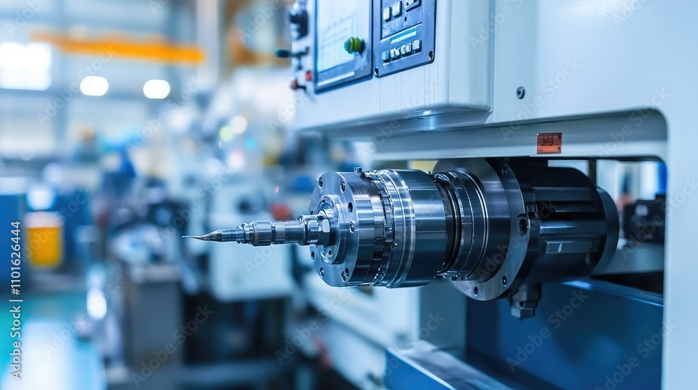 Poster an industrial workshop where a cnc machine uses water cooling to ensure precision during the metal c