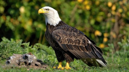 Obraz premium Bald Eagle standing majestically in natural habitat, showcasing its striking white head, yellow beak, and dark brown body against a lush green background.