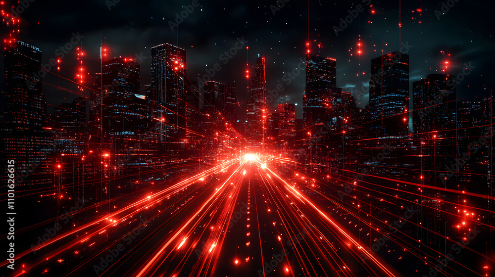 Poster a futuristic cityscape with red light trails creating a dynamic, energetic atmosphere.