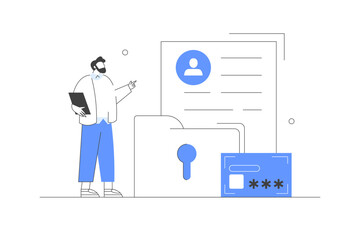 Cybersecurity. Character using cyber security services to protect private personal data. Data protection. Flat Cartoon Vector Illustration, icon. Stylish abstract