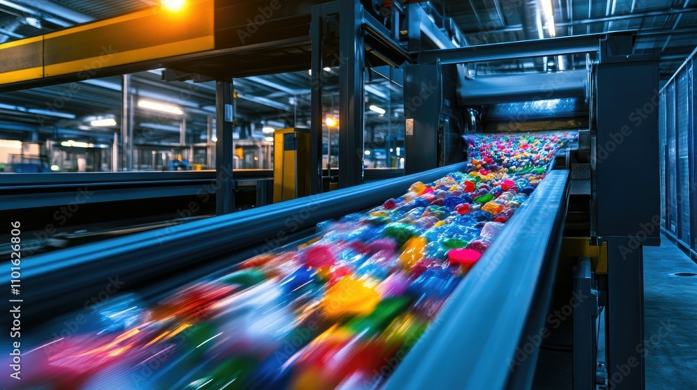 Aufkleber Brightly lit sorting machine in a plastic manufacturing facility, color-coded plastics passing through the machine for efficient sorting and recycling