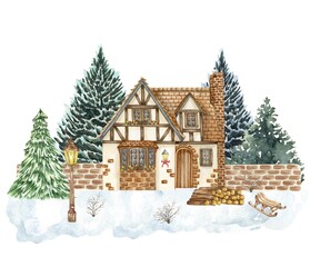 Winter landscape house and trees. Christmas scene