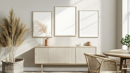 Neutral-toned living room with three empty frames above a light wood sideboard.  A large pampas grass arrangement sits in a woven basket, adding texture to the serene space.
