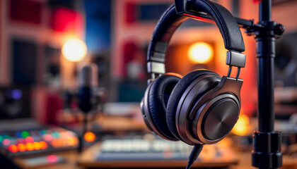 Obraz premium Professional Studio Headphones Hanging on Stand in Modern Audio Recording Studio with Soft Lighting