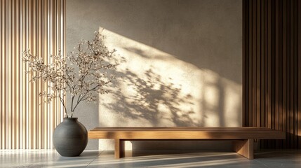 Modern interior design with elegant wooden bench, decorations, and accessories. Structured wall