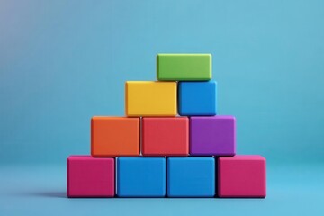 Obraz premium Colorful building blocks arranged in a pyramid shape on a blue background, showcasing creativity and playfulness.