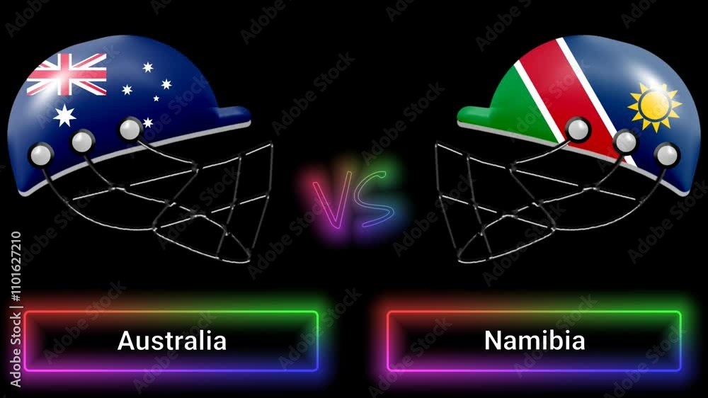 Poster australia vs namibia match animation with flags on helmets and colorful border over text all on blac