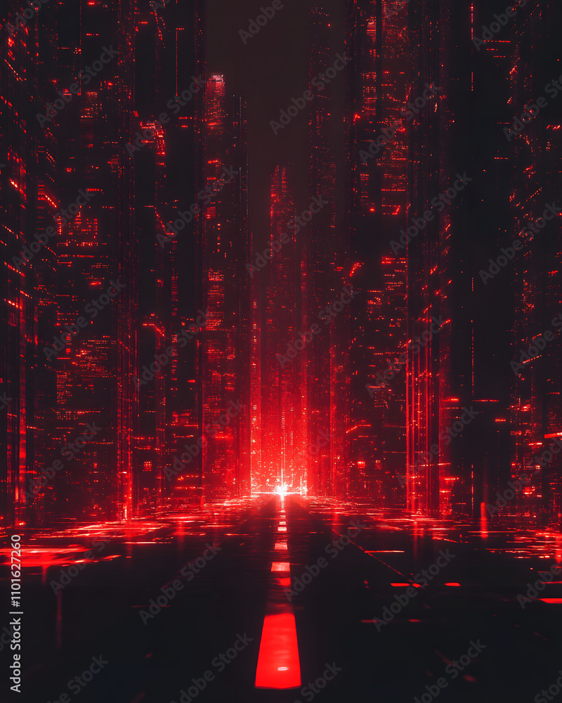 Poster a futuristic digital landscape featuring towering red structures and glowing pathways.