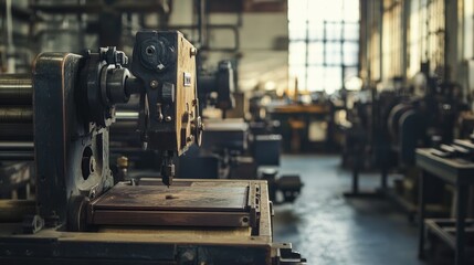 Fototapeta premium Classic press machine in a retro factory environment, showcasing the vintage machinery aged charm and the industrial atmosphere filled with history