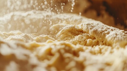 Close-up of fresh dough rising in a warm environment, showcasing the texture and flour details in a homemade baking setting.