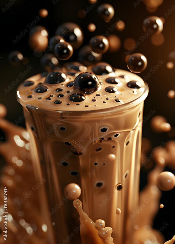 Poster a glass filled with chocolate drink, splashing droplets creating a dynamic visual effect.
