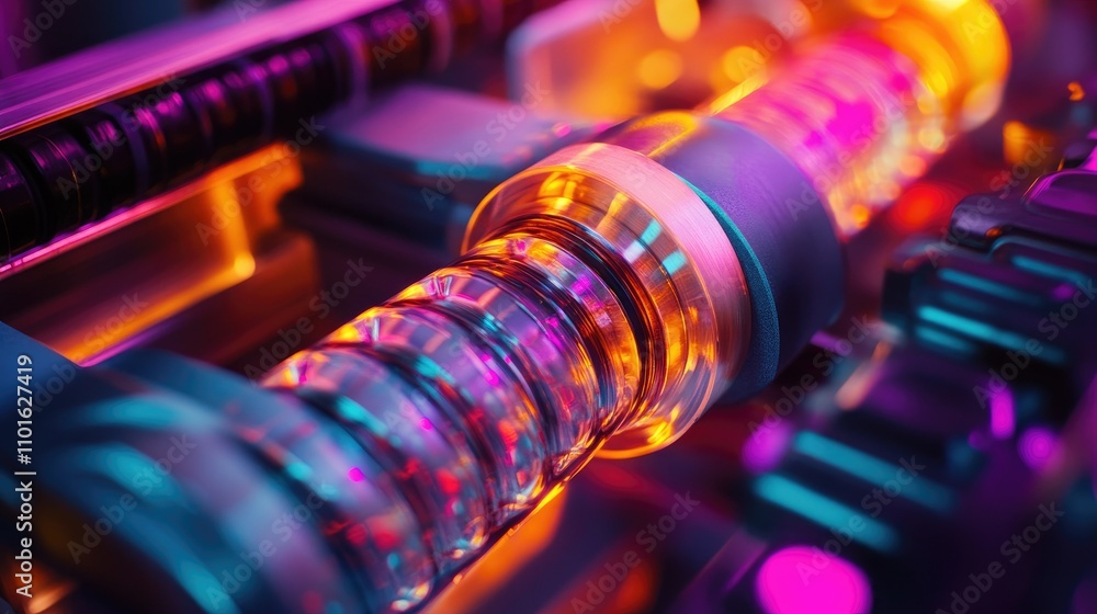 Poster Close-up of a colorful filling machine at work, with soft gradients in the lighting and a seamless, efficient filling process in a high-tech production line